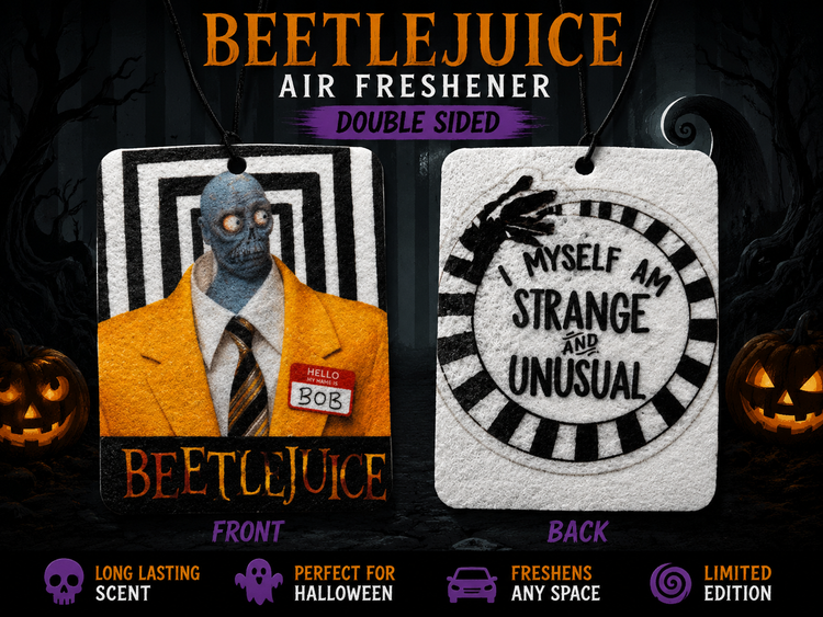 Halloween Beetlejuice car freshener (double sided) comes with 2ml spray scent of your choice!