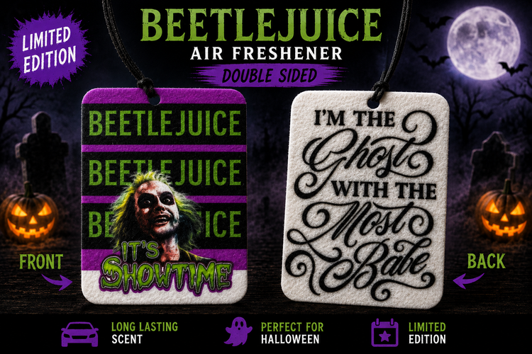 Halloween Beetlejuice car freshener (double sided) comes with 2 ml spray scent of your choice