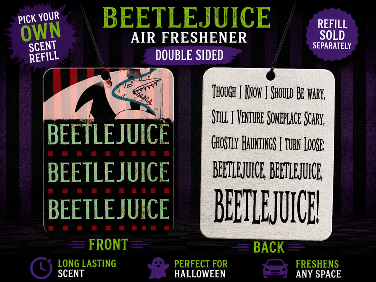 Halloween Beetlejuice car freshener (double sided) comes with 2 ml spray scent of your choice!