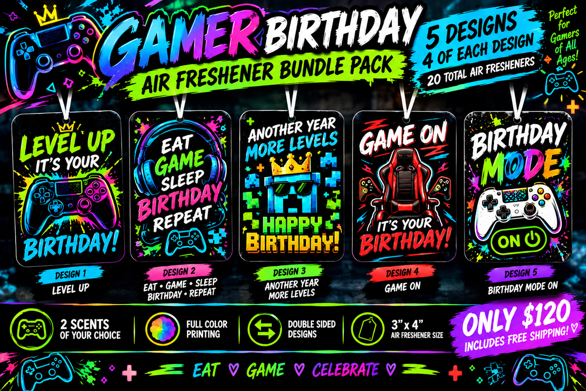 A+ Party packs - 20 air fresheners, double sided, full color, you pick the design, 2 scents per pack