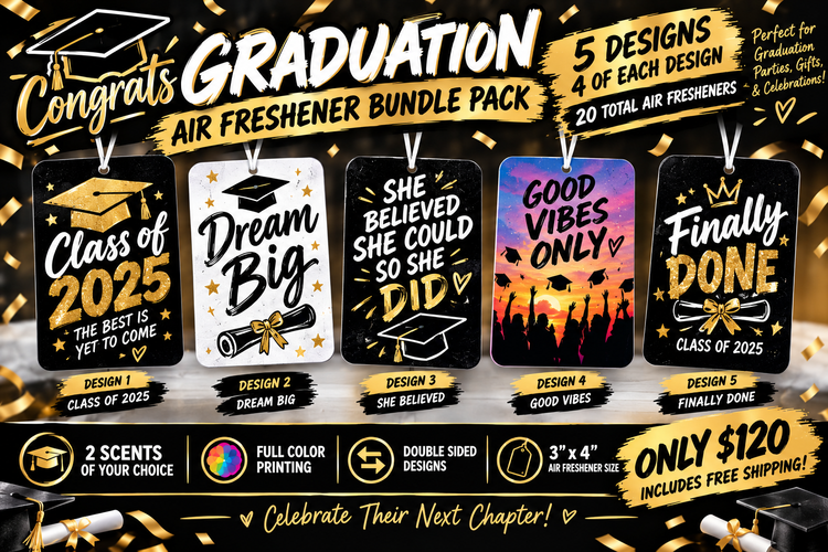 A+ Party packs - 20 air fresheners, double sided, full color, you pick the design, 2 scents per pack