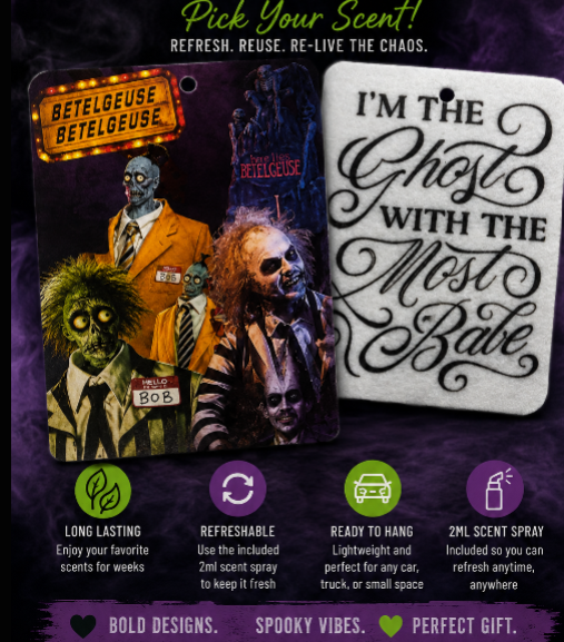 Halloween Beetlejuice car freshener (double sided) comes with a 2ml spray scent of your choice!