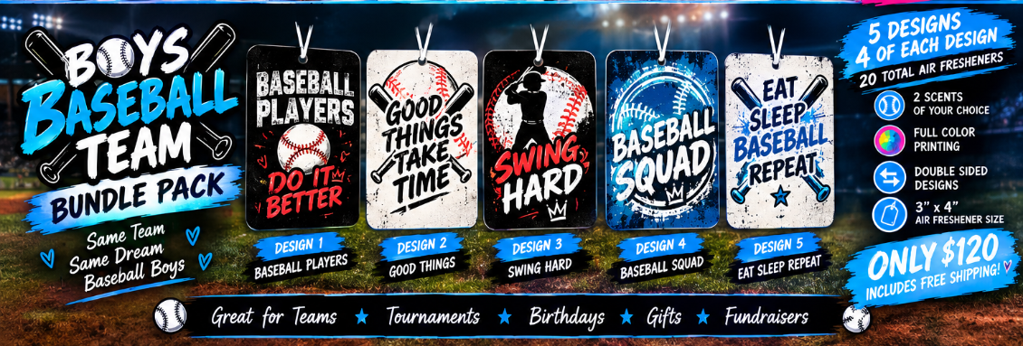A+ Party packs - 20 air fresheners, double sided, full color, you pick the design, 2 scents per pack