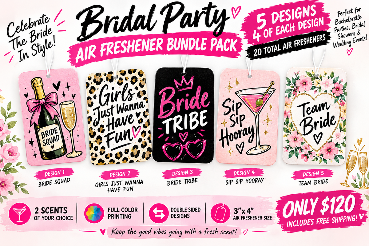 A+ Party packs - 20 air fresheners, double sided, full color, you pick the design, 2 scents per pack