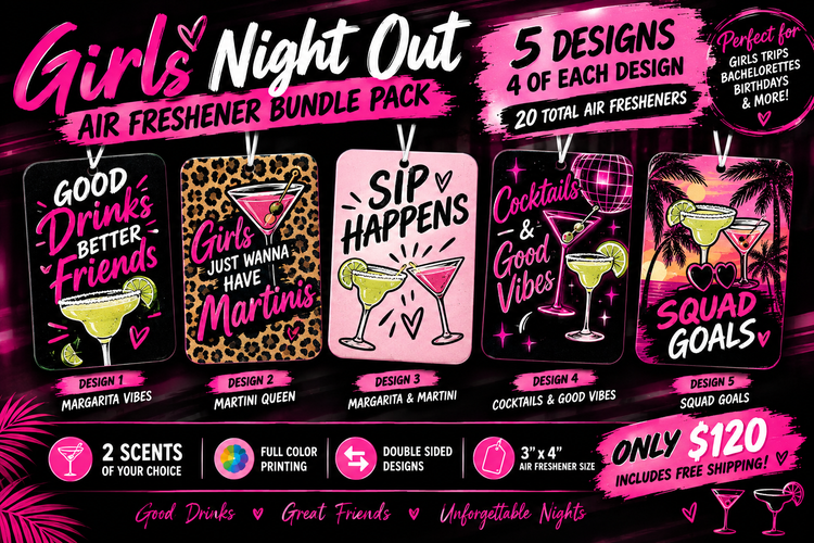 A+ Party packs - 20 air fresheners, double sided, full color, you pick the design, 2 scents per pack